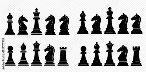 Silhouette illustration of a complete set of chess pieces, arranged in two rows, isolated on a transparent background.
