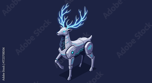 Futuristic robotic deer with glowing blue antlers and metallic body standing on a dark background.