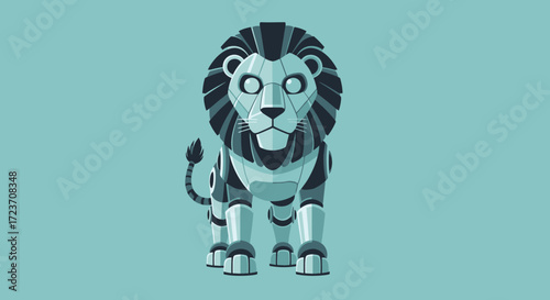 A stylized, geometric robot lion stands proudly against a solid teal background, showcasing a futuristic interpretation of the majestic animal.
