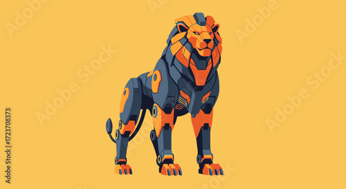 Stylized robotic lion with orange and dark blue armor standing on a plain yellow background, showcasing futuristic design.