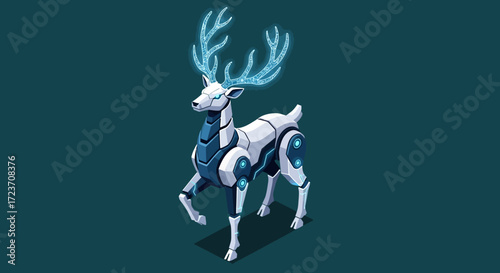 A futuristic robotic deer with glowing blue holographic antlers stands on a dark teal background, showcasing advanced technology and artificial intelligence.
