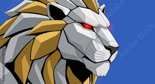 A stylized, robotic lion with glowing red eyes and a metallic mane against a solid blue background.