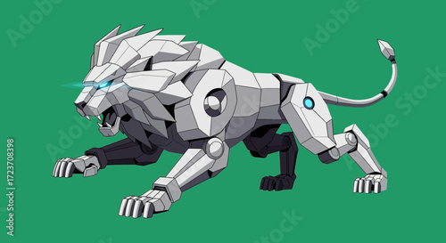Illustration of a robotic lion with detailed mechanical components, set against a solid green background.