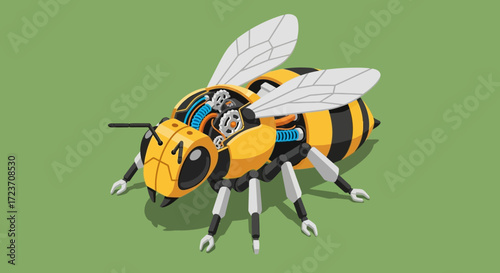 Isometric view of a detailed mechanical bee with visible gears and internal components on a plain green background.