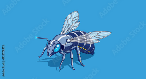 A metallic robotic bee with blue accents is shown in isometric view.