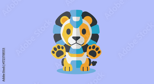 A cute robotic lion cub character with a blue and yellow mane, sitting with its paws up against a lavender background.