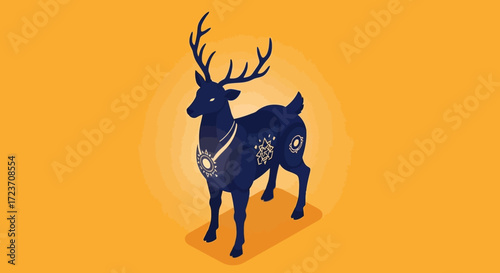 A stylized, dark blue deer with intricate white celestial patterns and a decorative collar stands against a vibrant orange background.