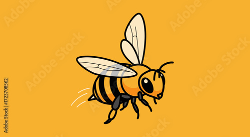 Cute cartoon bee with black and yellow stripes flying against a solid orange background, depicted in a cheerful and simple style.