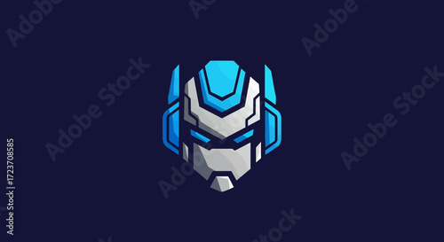 A futuristic robot head logo with blue and white accents on a dark blue background.