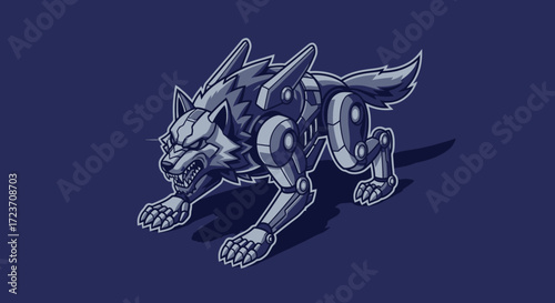 A detailed illustration of a robotic wolf, rendered in a digital art style, with mechanical components.