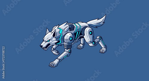 A stylized illustration of a robotic wolf, showcasing its mechanical components and a dynamic running pose.