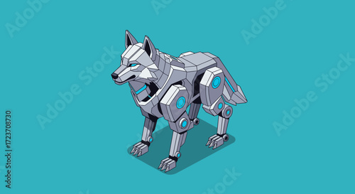 An isometric illustration of a futuristic robotic wolf with glowing blue lights on a teal background.