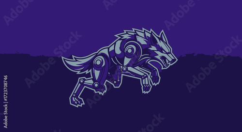 A stylized illustration of a robotic wolf in mid-stride against a dark purple background.