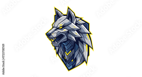 A fierce, stylized robotic wolf head with sharp angles and glowing yellow eyes, depicted in a modern, geometric art style.