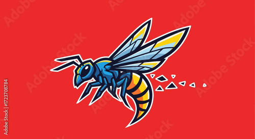 Cartoon wasp with blue body and yellow wings on a red background.