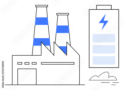 Factory with two chimneys emitting no pollution, tall battery icon displaying energy storage. Ideal for sustainability, green energy, clean technology, energy storage, industrial innovation