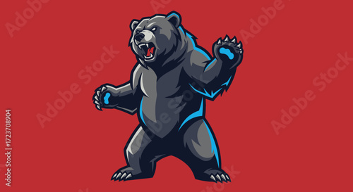 Aggressive cartoon bear mascot standing on hind legs with claws extended and mouth open, on a solid red background.
