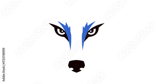 Stylized wolf face with blue markings and intense eyes.