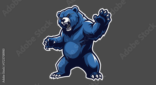 Aggressive blue bear mascot illustration standing on hind legs with claws extended and roaring expression.