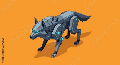 A robotic wolf, metallic gray with teal accents, stands on an orange background.