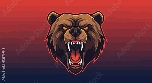 A fierce grizzly bear with bared teeth and glowing yellow eyes, depicted in a stylized illustration against a gradient background.