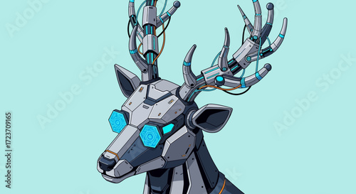 Robotic deer head with glowing blue eyes and intricate mechanical antlers against a light blue background.