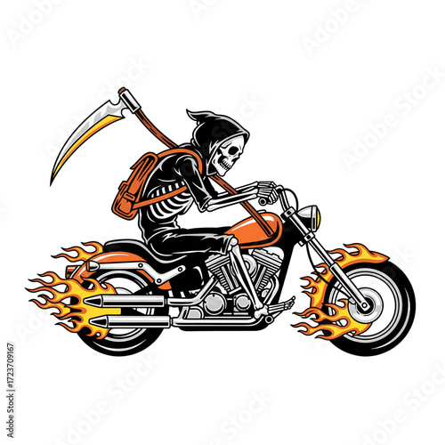 A skeletal grim reaper figure rides a motorcycle engulfed in flames.