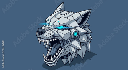 Illustration of a robotic wolf head with glowing blue eyes and sharp teeth on a blue background.