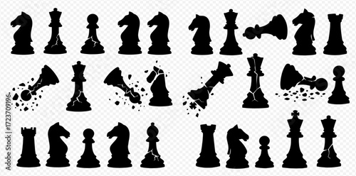 Black silhouette chess pieces arranged in rows, some pieces broken with shattered effect, on a transparent background.