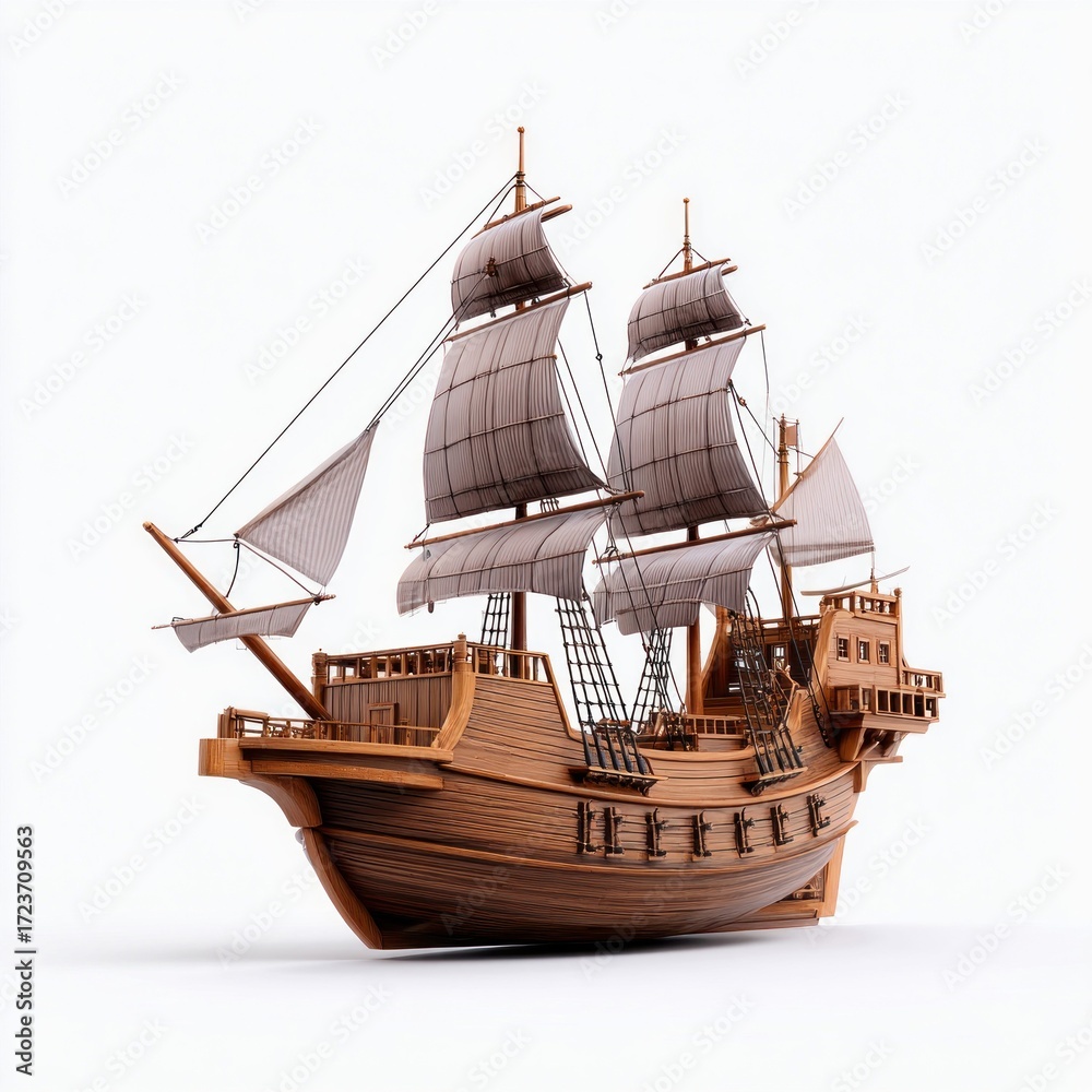 Naklejka premium A detailed wooden ship model, complete with sails and rigging, set against a plain white background, evokes a sense of nautical history.