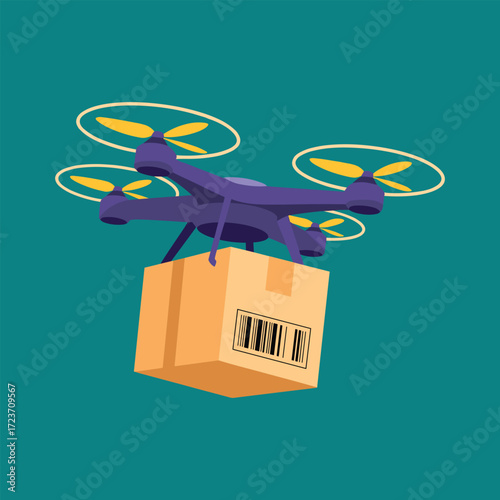 Purple delivery drone carrying a cardboard box with a barcode transportation technology