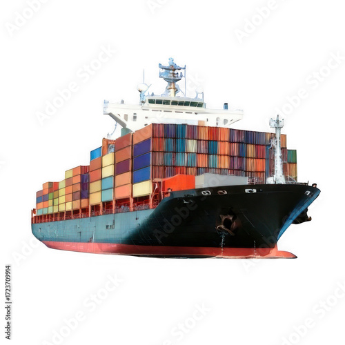 Full cargo ship with containers isolated on transparent background