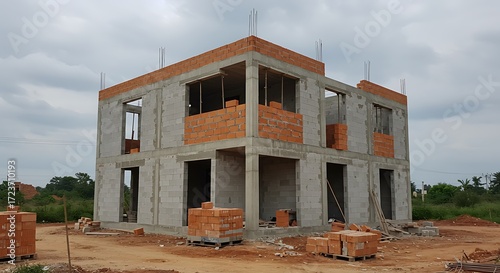 Under construction House or Villa's, Villa's with Concreate Block or bricks, Exterior view of 02 story under construction house with modern design, under construction Home or house House or Villa's, V