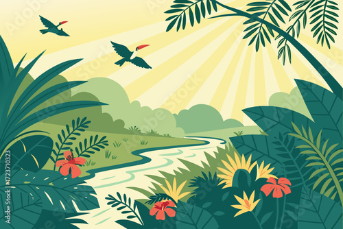 Lush rainforest scene with exotic birds and tropical plants, perfect for travel brochures or nature-themed designs, vibrant colors, sunny day, escape to paradise
