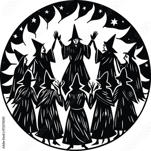 Halloween silhouettes black icon and character vector art of a coven of witches performing a ritual in a circle, surrounded by fire and stars, evoking magic, mystery, and ancient traditions