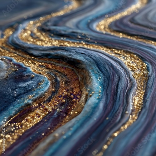 Luxurious swirling waves of deep blue and gold glitter create an abstract, flowing texture.