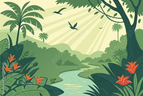 Tranquil jungle scene with vibrant flora and a gentle river, a lush paradise with birds in flight, perfect for travel and nature themes