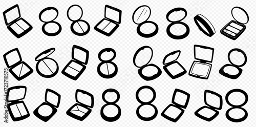 Collection of black and white cosmetic compacts, both round and square, in various open and closed positions.