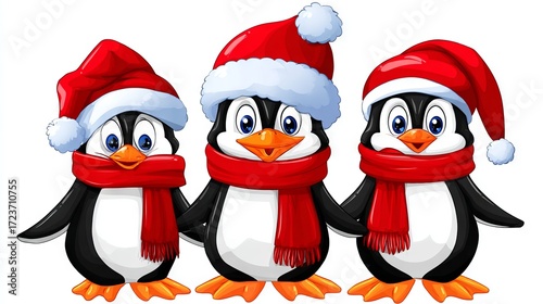 A group of penguins are standing in a row, all wearing hats and scarves. penguin cristmas concept.