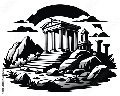 Black and white vector illustration of ancient ruins with architectural details and weathered textures