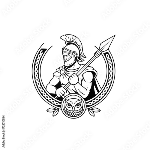 Spartan Warrior with Spear and Owl Emblem