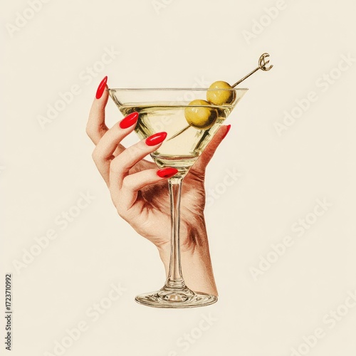 A hand holding a martini glass with olives