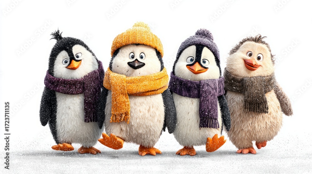 Fototapeta premium A group of penguins are standing in a row, all wearing hats and scarves. penguin cristmas concept.