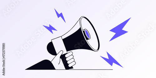 Hand holding megaphone with lightning bolts announcement or promotion concept vector illustration on white background
