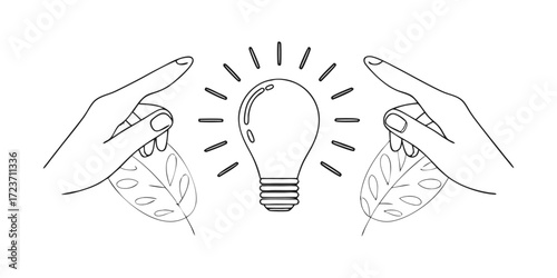 Hands holding leaves protect a lightbulb representing environmental consciousness and sustainable energy solutions on white background