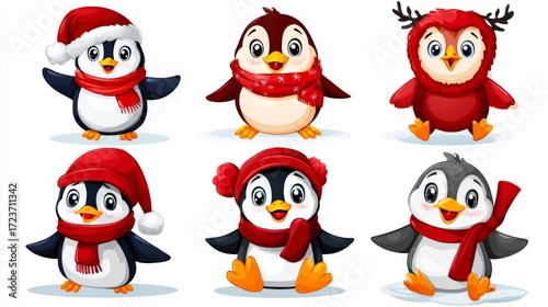 A group of penguins are standing in a row, all wearing hats and scarves. penguin cristmas concept.