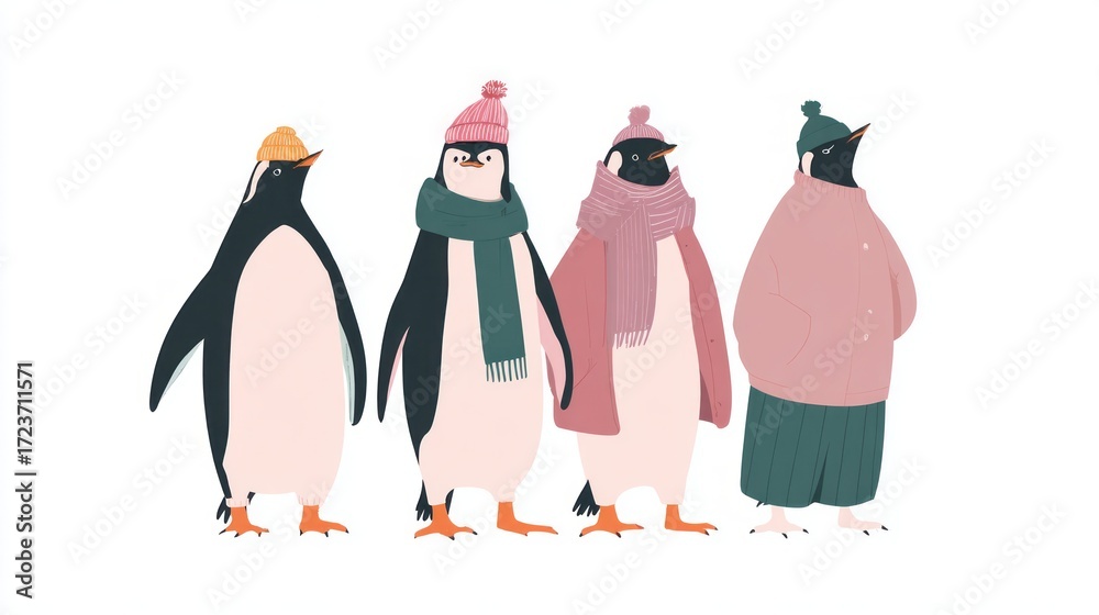 Obraz premium A group of penguins are standing in a row, all wearing hats and scarves. penguin cristmas concept.