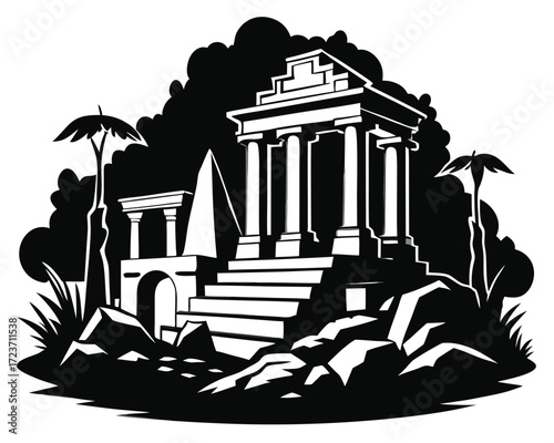 Black and white vector illustration of ancient ruins with architectural details and historical elements