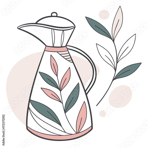 Modern coffee pot with colorful botanical design