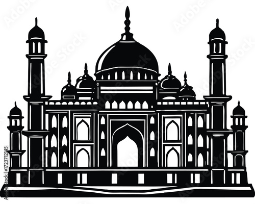 Detailed silhouette outline of a majestic mughal fort with intricate architectural elements